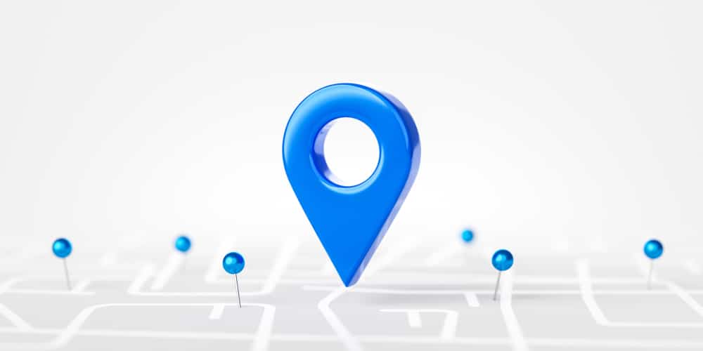 Blue location 3d pin icon of travel navigation road map marker place symbol or gps pointer route direction mark sign and global position system find target on search street background with push pin. dental direct mail marketing